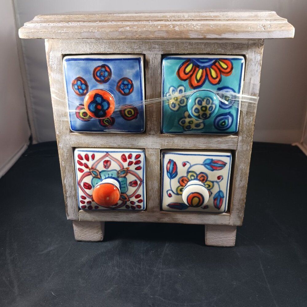 Mini Wooden Chest With Hand Painted Ceramic 4 Drawers